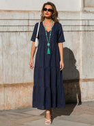 V-neck Two-Tiered Maxi Swing Dress in flowing tiers with irregular hem and draped sleeves in 100% cotton