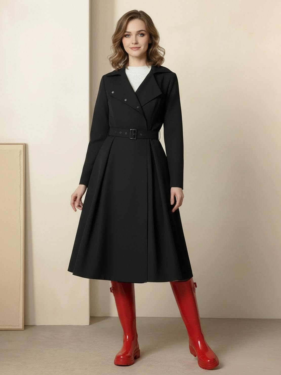 Elegant water-repellent A-line hooded raincoat for women with insulated lining and belt