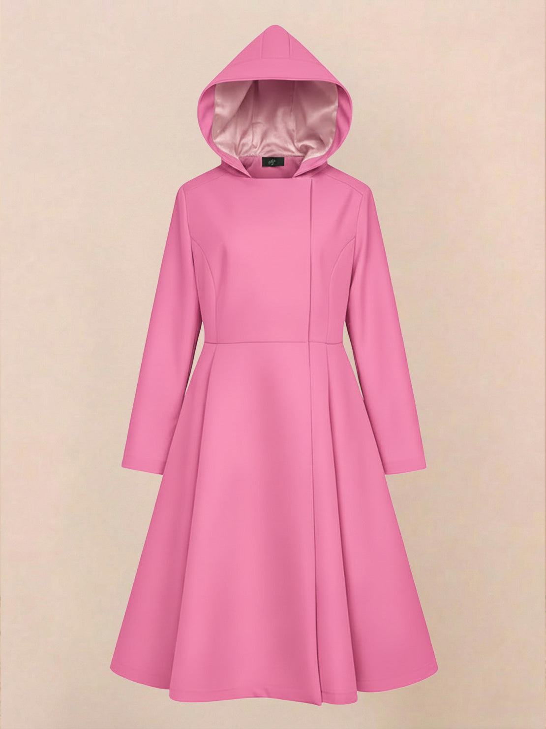 Elegant water-repellent A-line hooded raincoat for women with insulated lining and matching belt