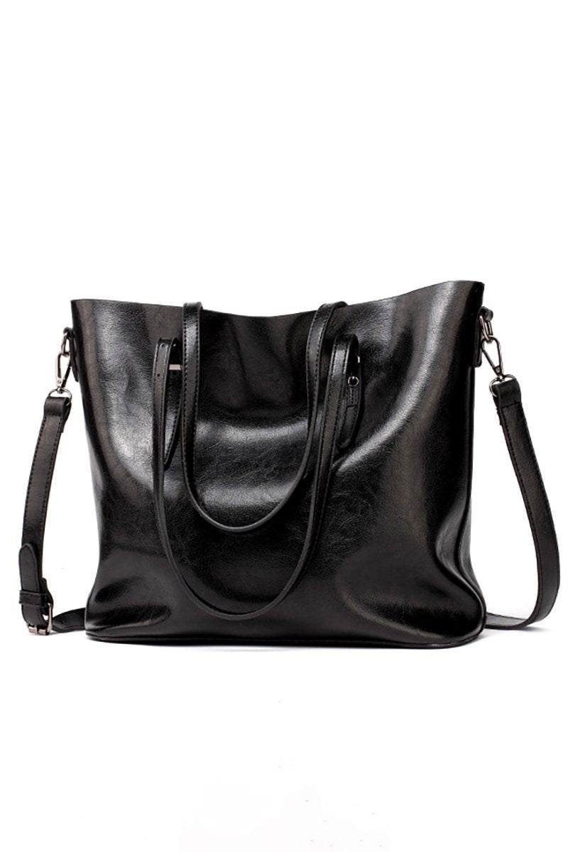 Black multi strap tote shopper bag in PU leather with multiple compartments and adjustable shoulder and crossbody straps