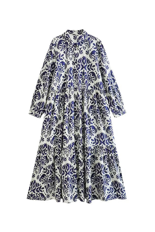 Blue Floral Lantern Sleeves Midi Dress