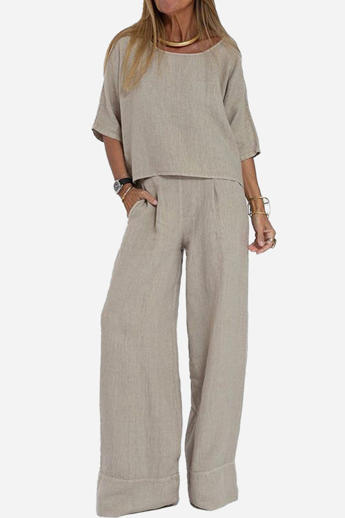 At Ease & Down to Earth: Short-sleeved Pullover & Wide Trouser Matching Set