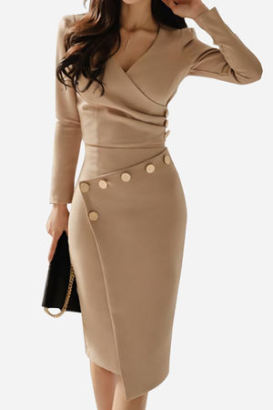 Stylish Button V-neck Pencil Dress