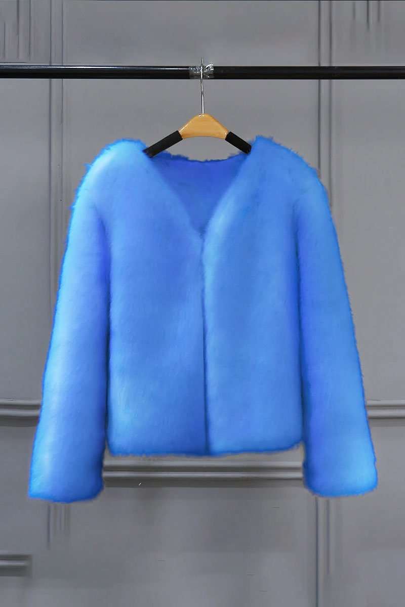 Bold faux fur luxe jacket in bright blue with V neckline and button closure